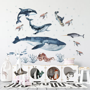Ocean Animals Wall Decal for Kids and Nursery,  sea animals wall sticker, Sticker Set Dolphin, seal, sea Turtle, Watercolor Peel and stick