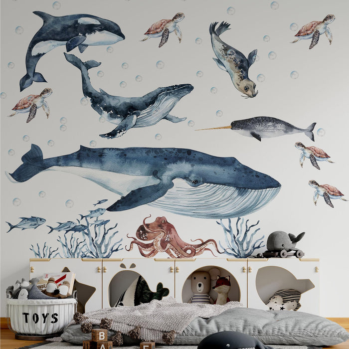 Große Wale und Meerestiere: Schildkröten, Robben, Kraken Wandaufkleber-Set