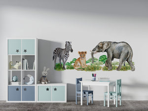 Safari animal kids: elephant, zebra, lion cob walldecals set