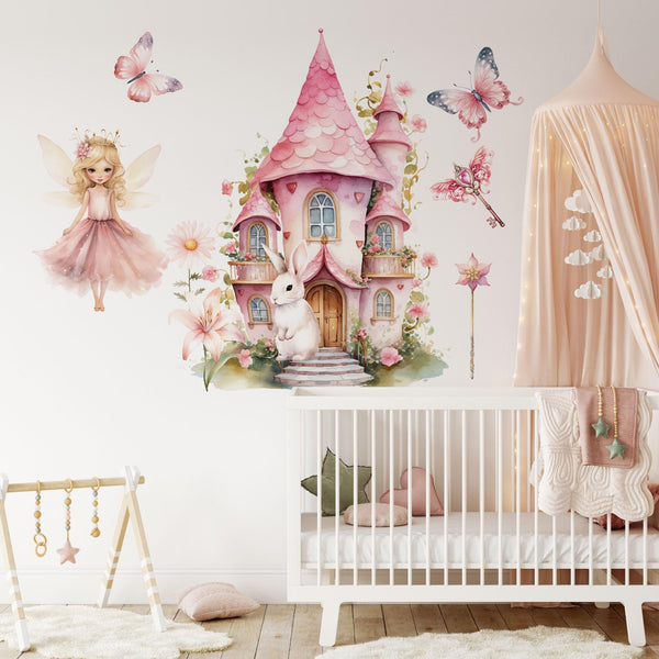 Fairy Wall Sticker with Golden Hair, Castle & Bunny