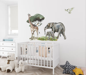 Giraffe and two elephants - safari walldecal collection