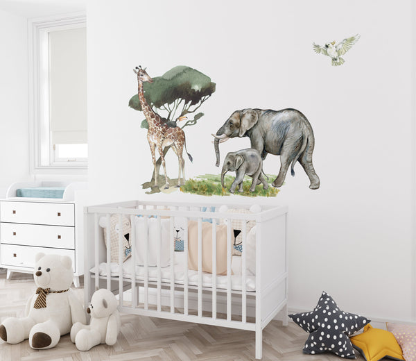 Giraffe and two elephants - safari walldecal collection