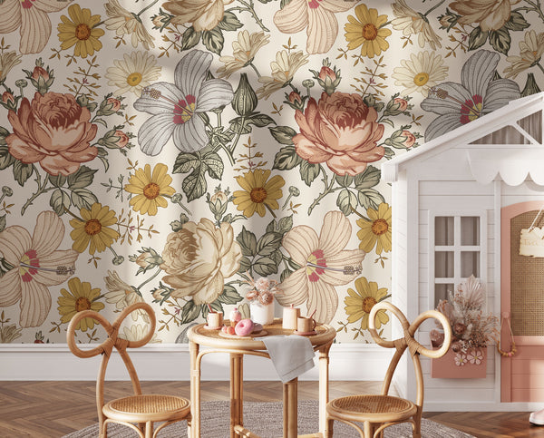 Floral removable wallpaper with big flowers
