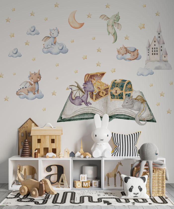 Dragon wall decals magical book and clouds