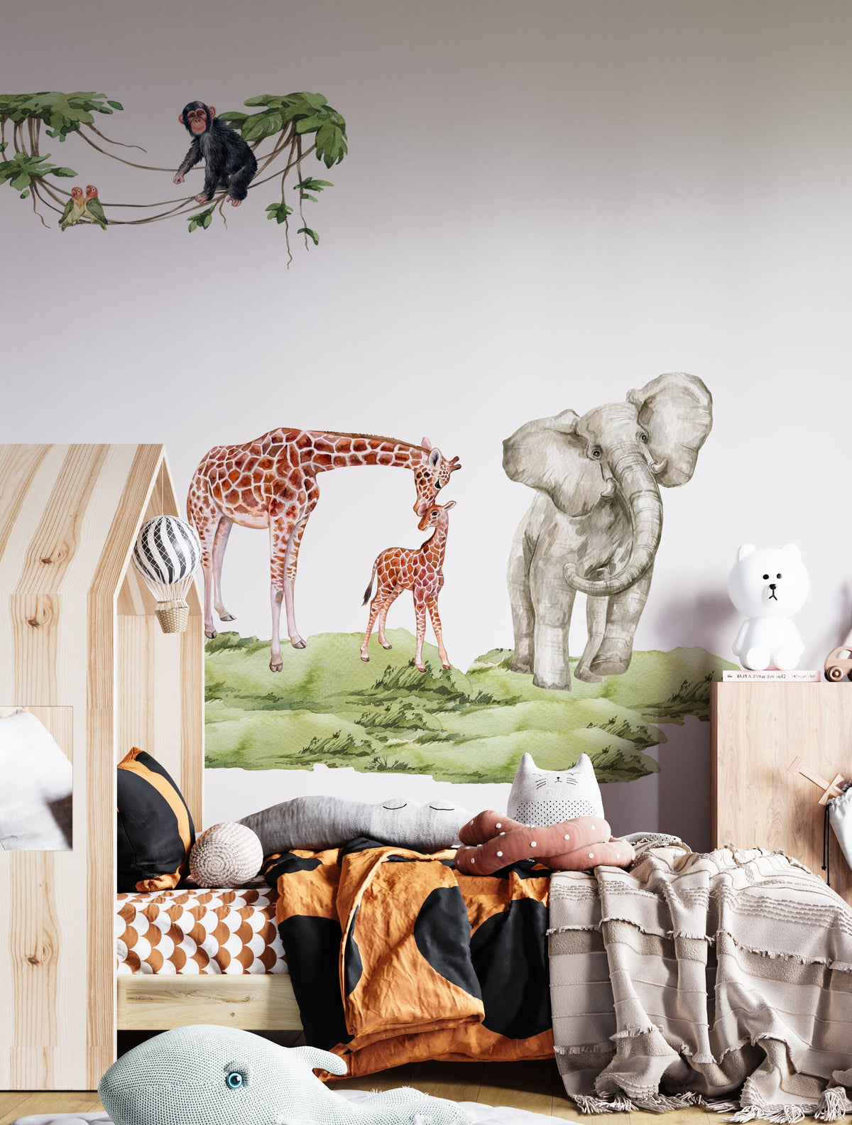 Safari Wall Decals – Elephant, Giraffe and Chimpanzee