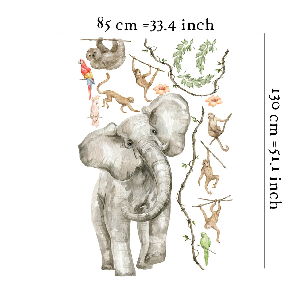 Elefant, Papageien und Affen - Dschungel Wandsticker Set