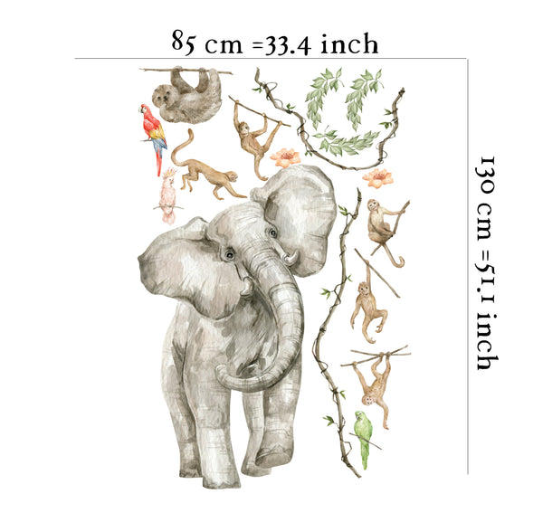 Elephant, parrots and monkeys - jungle wall sticker set