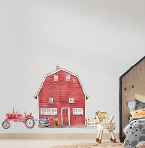 Wall sticker with a barn and a tractor in green. A set of farm wall stickers for a children's room. A great set of farm animals