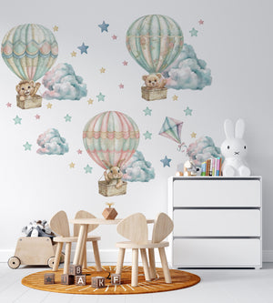 Teddy bears flying in colorful balloons