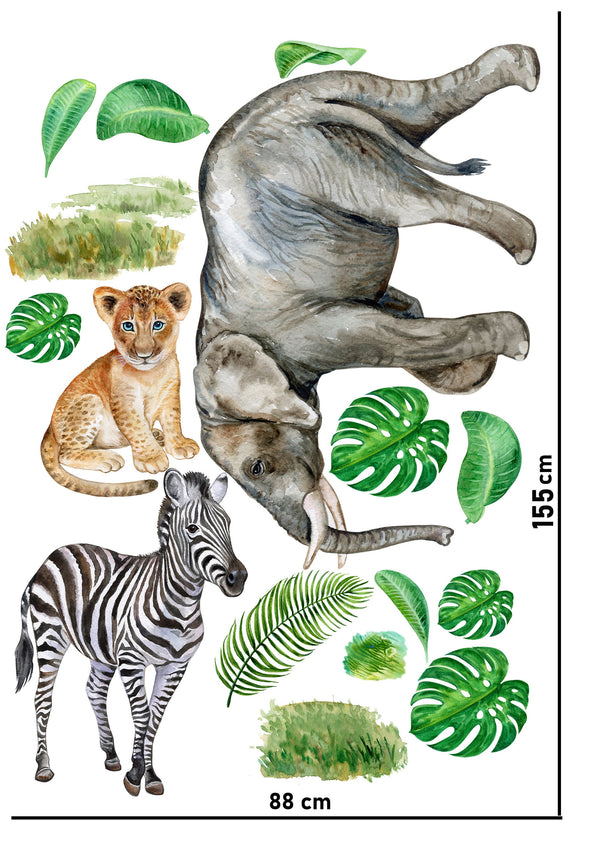 Safari animal kids: elephant, zebra, lion cob walldecals set