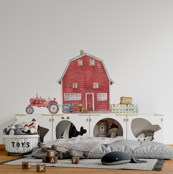 wall sticker with farm tractor and barn. Red barn with tractor wall sticker for children's room. In addition, a fence that perfectly matches the whole set of stickers from the farm animals series.