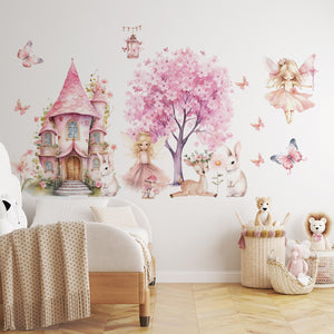 Fairy Wall Sticker with Golden Hair, Castle & Bunny