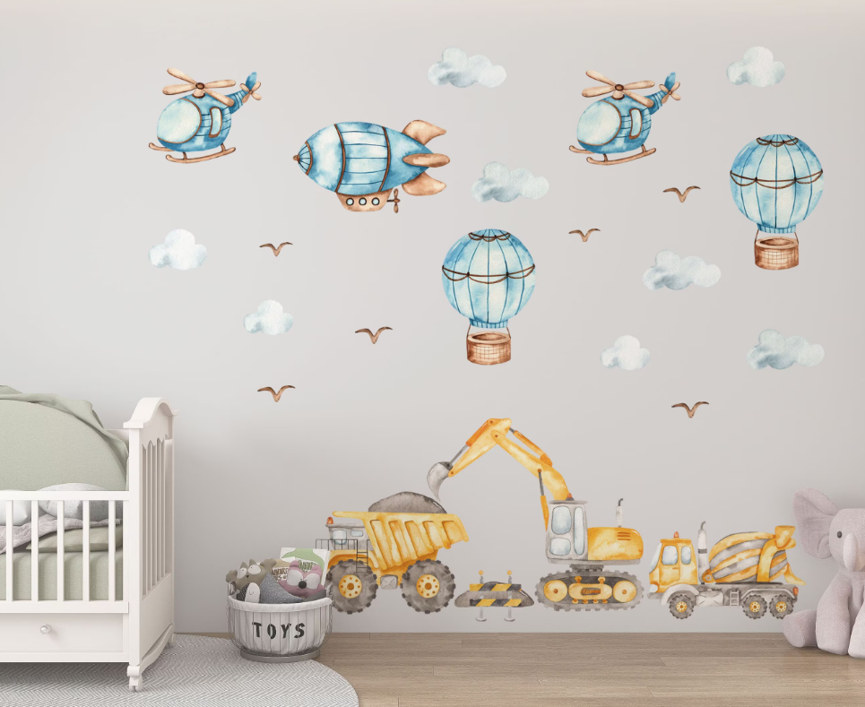 Helicopters and excavators wall stickers