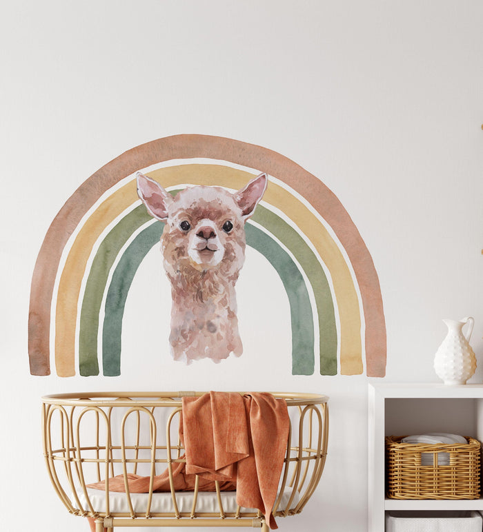 Lama avec un arc-en-ciel - sticker mural boho pour chambre d'enfant