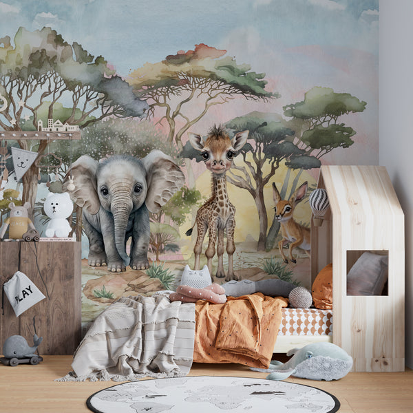 Cuties from Africa - Elephant and Giraffe - Children's Wall Mural