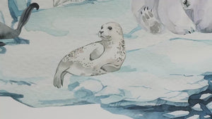 Eisbärenfamilie mit Robben auf dem Eisberg