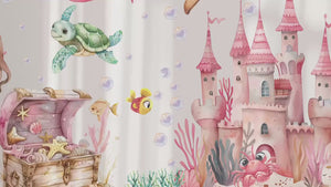 Underwater mermaid kingdom with a treasure chest and a castle