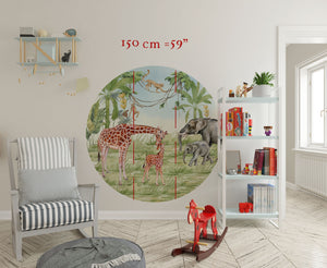 Window to African land with giraffe and elephants with their babies - 3 sizes of wall decal available