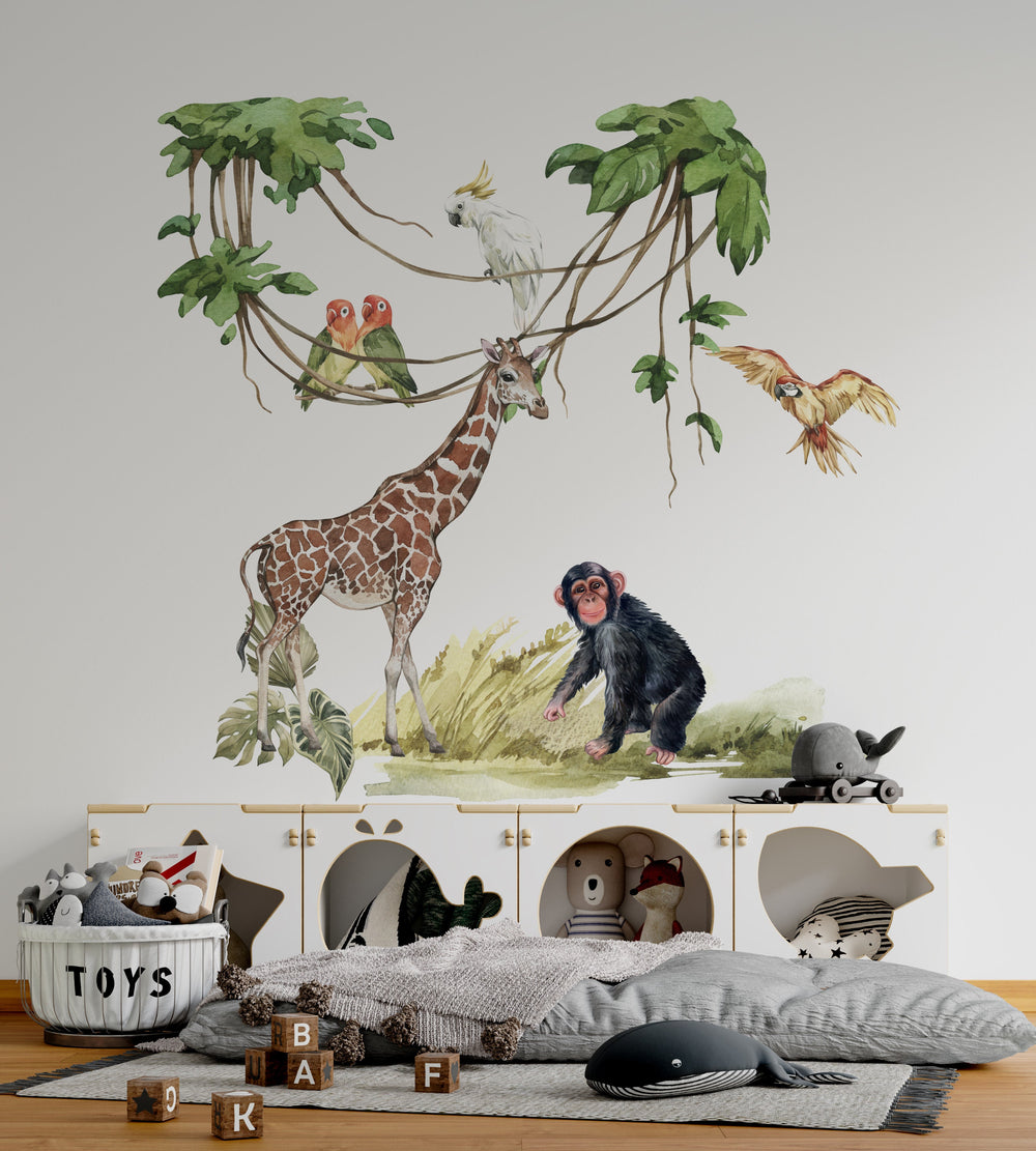 Giraffe, chimp and parrots - safari wall decal set