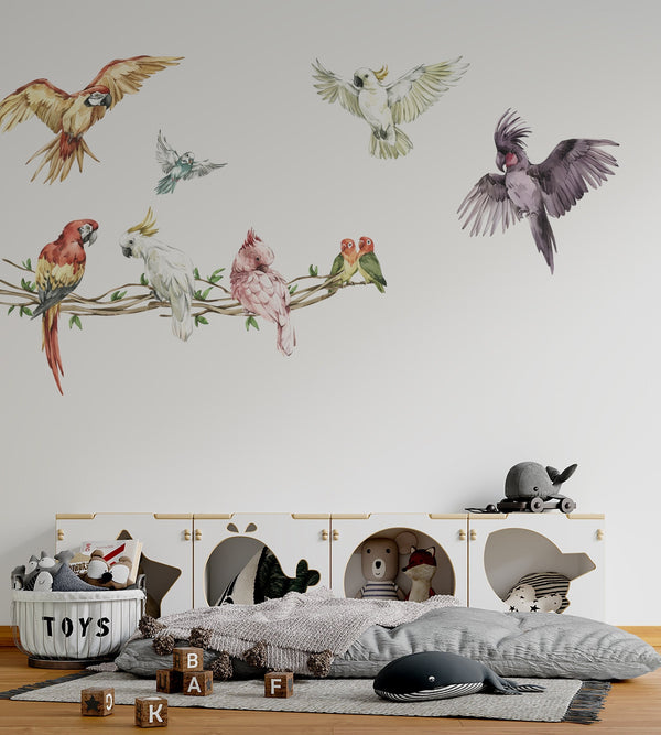 Colorful parrots on a branch - jungle wall decals