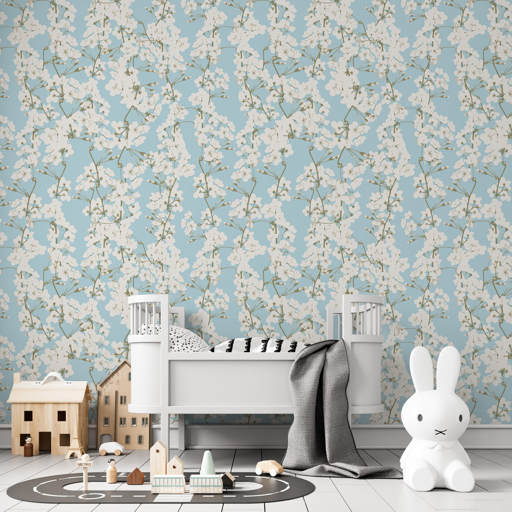 Blue Botanical Nursery Wallpaper peel and stick