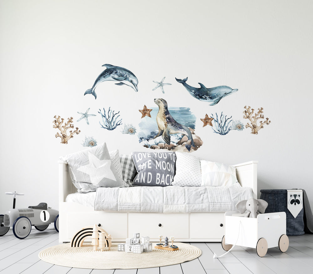 Sea World dolphins and sea lion wall decals - marine animals peel and stick nursery decor by Igibee
