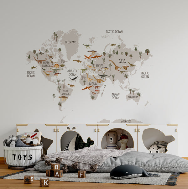Self-adhesive map with dinosaurs