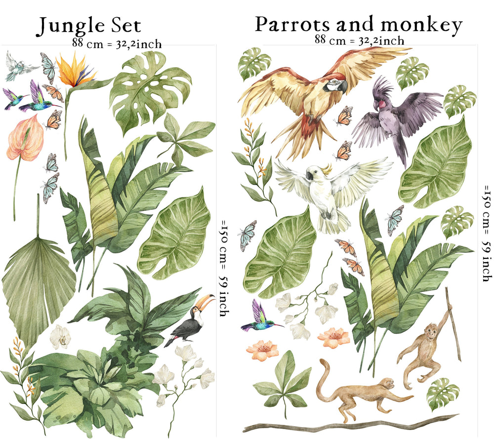 Exotic jungle wall stickers with parrots, large leaves and monkeys
