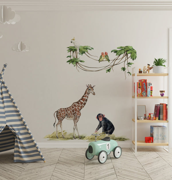 Giraffe, chimp and parrots - safari wall decal set