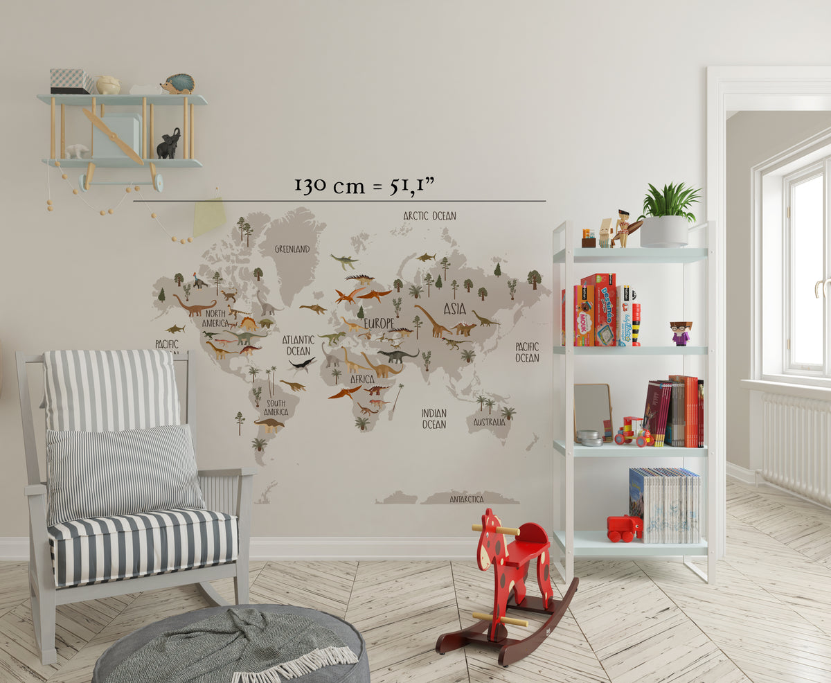 Self-adhesive map with dinosaurs