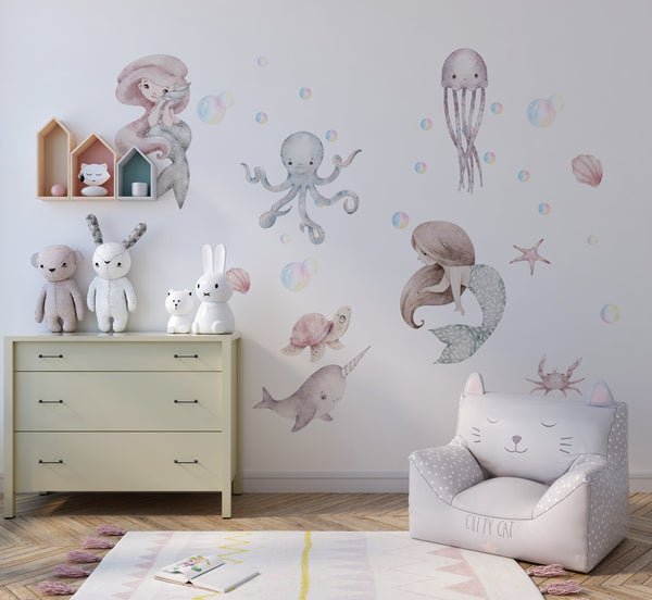 mermaid wall decal, sea wall decal, Nursery wall decal Sea World Watercolour little mermaid, ocean wall decal, Sea World Ocean Wall Decal