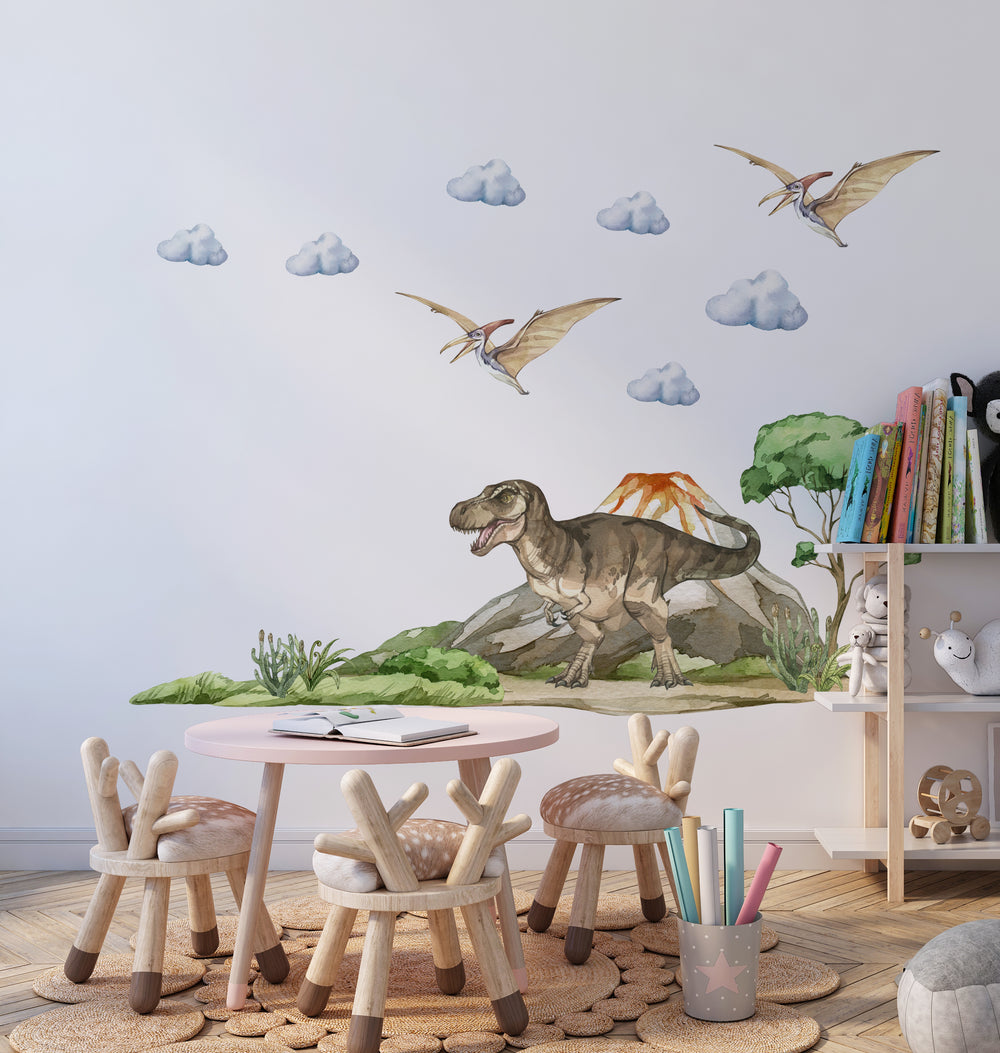 Tyrannosaurus and volcano wall sticker - prehistoric dinosaur scene for kids room by Igibee