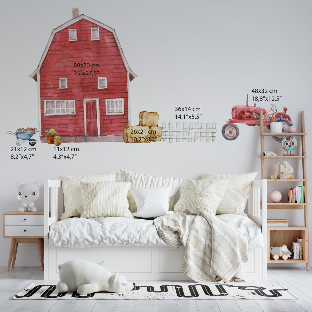 wall sticker with farm tractor and barn. Red barn with tractor wall sticker for children&#39;s room. In addition, a fence that perfectly matches the whole set of stickers from the farm animals series.