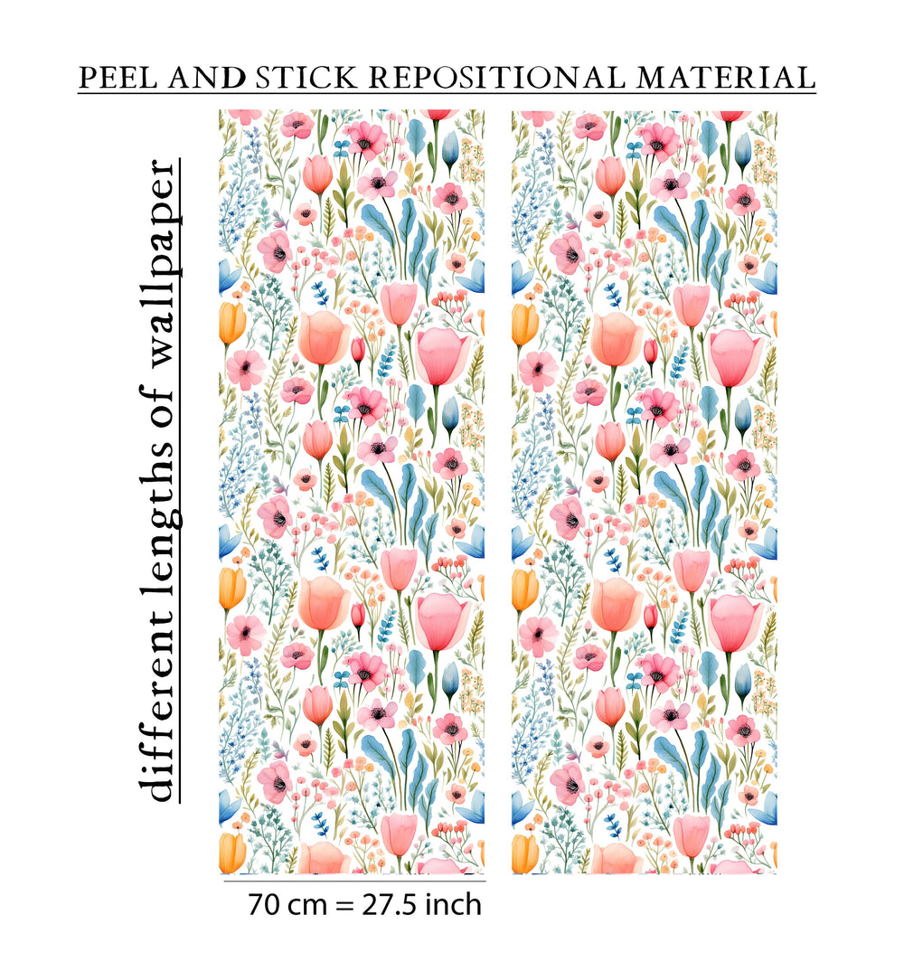 Watercolor Wildfloral Wallpaper  Colorful Garden Flowers Wall Mural  Peel and Stick Summer Floral Wallpaper