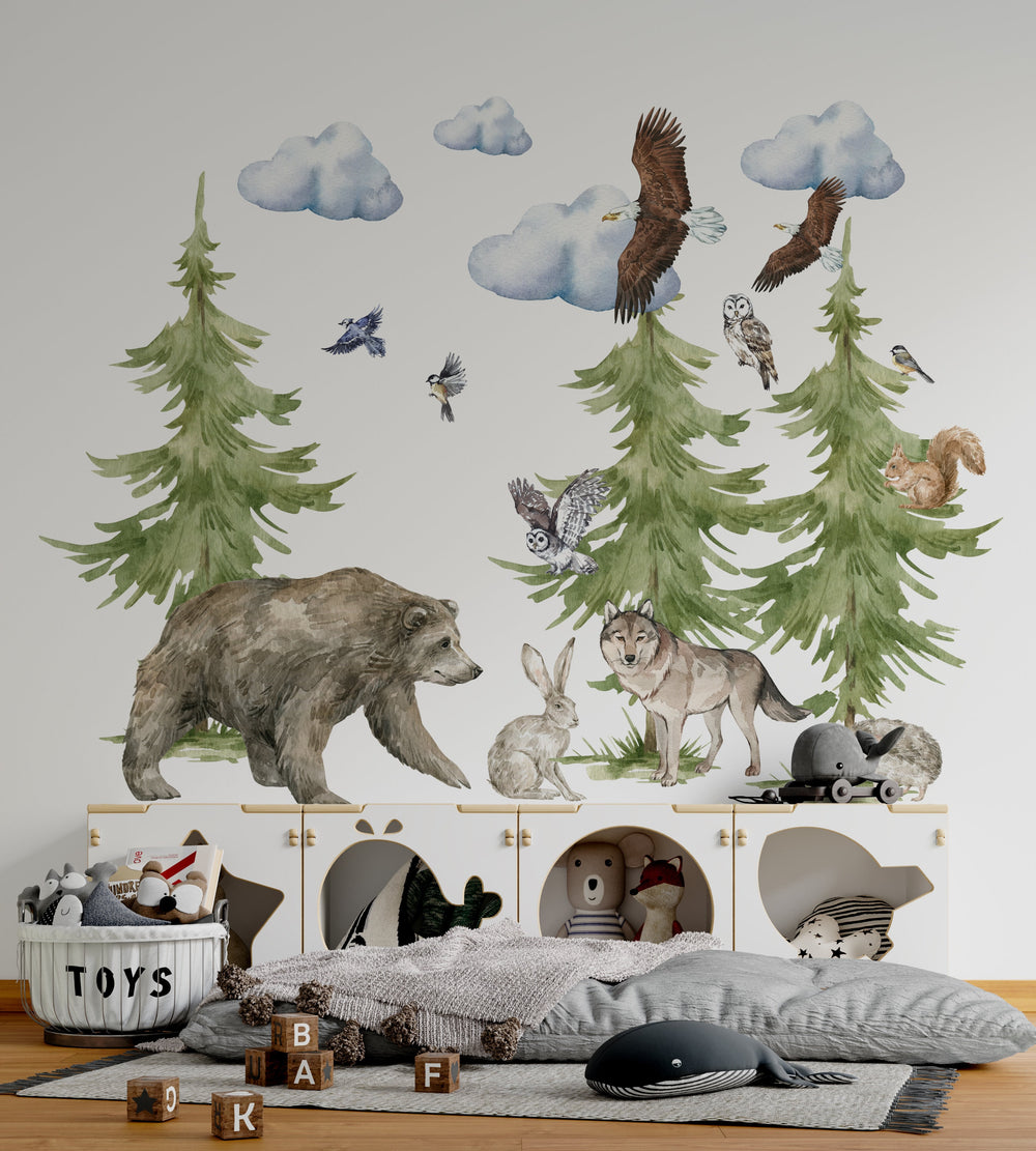 Forest Grove wall stickers with bear and wolf