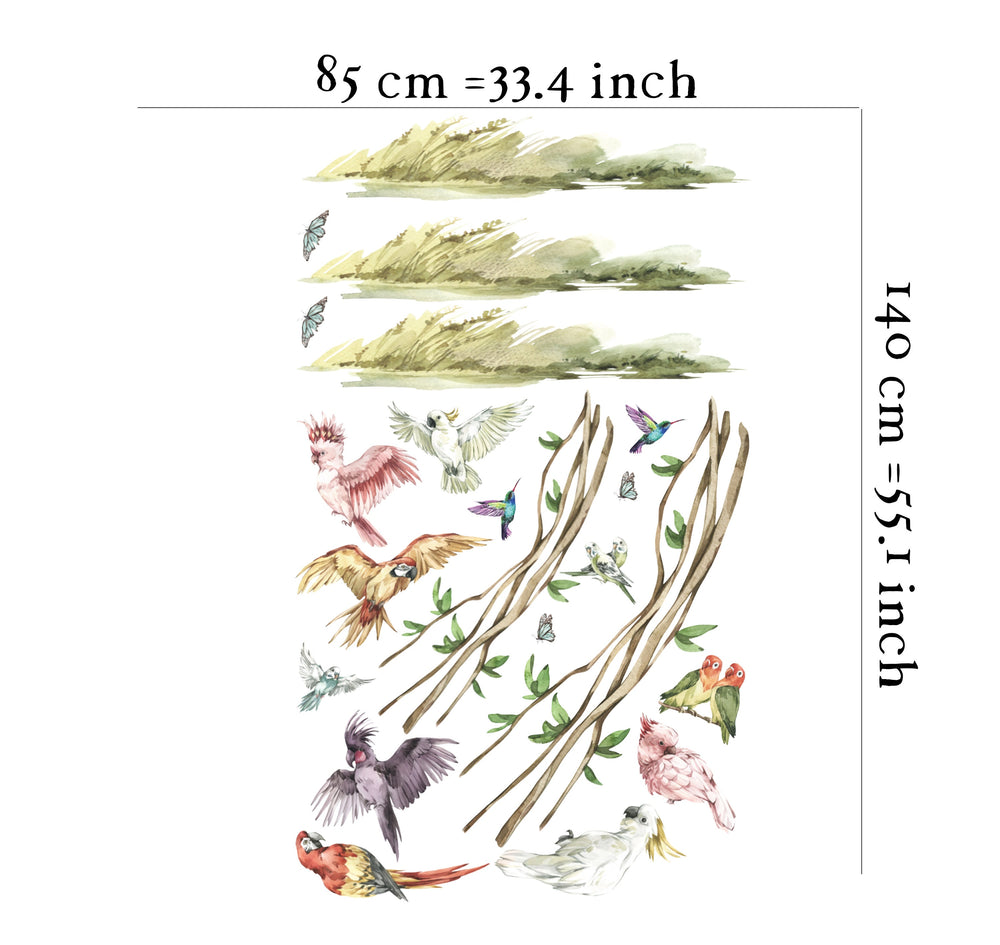 Colorful parrots on a branch - jungle wall decals