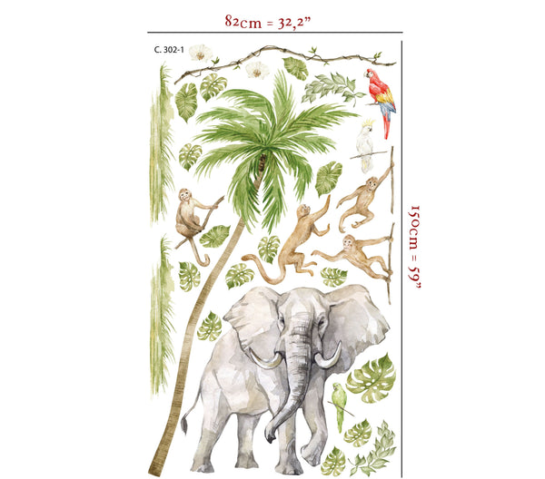 Safari Nursery Wall Decals Elephant with monkey