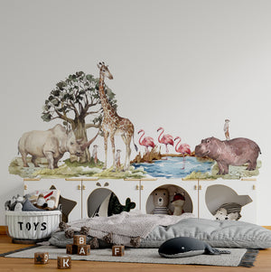 Safari Wandtattoo Großes Set, Savanne Wandtattoo für Kinder, Safari Kinderzimmer Deko, Giraffe Wandtattoo, Zebra Sticker, Tiger Sticker Löwe Sticker