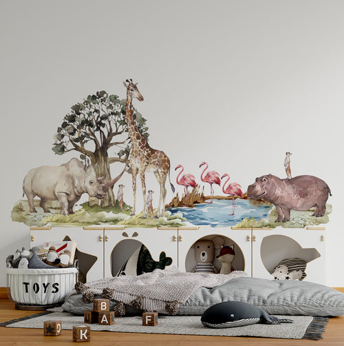 Safari-Kinderzimmerdeko, Wandtattoos mit Giraffe, Nashorn, Nilpferd und Flamingos