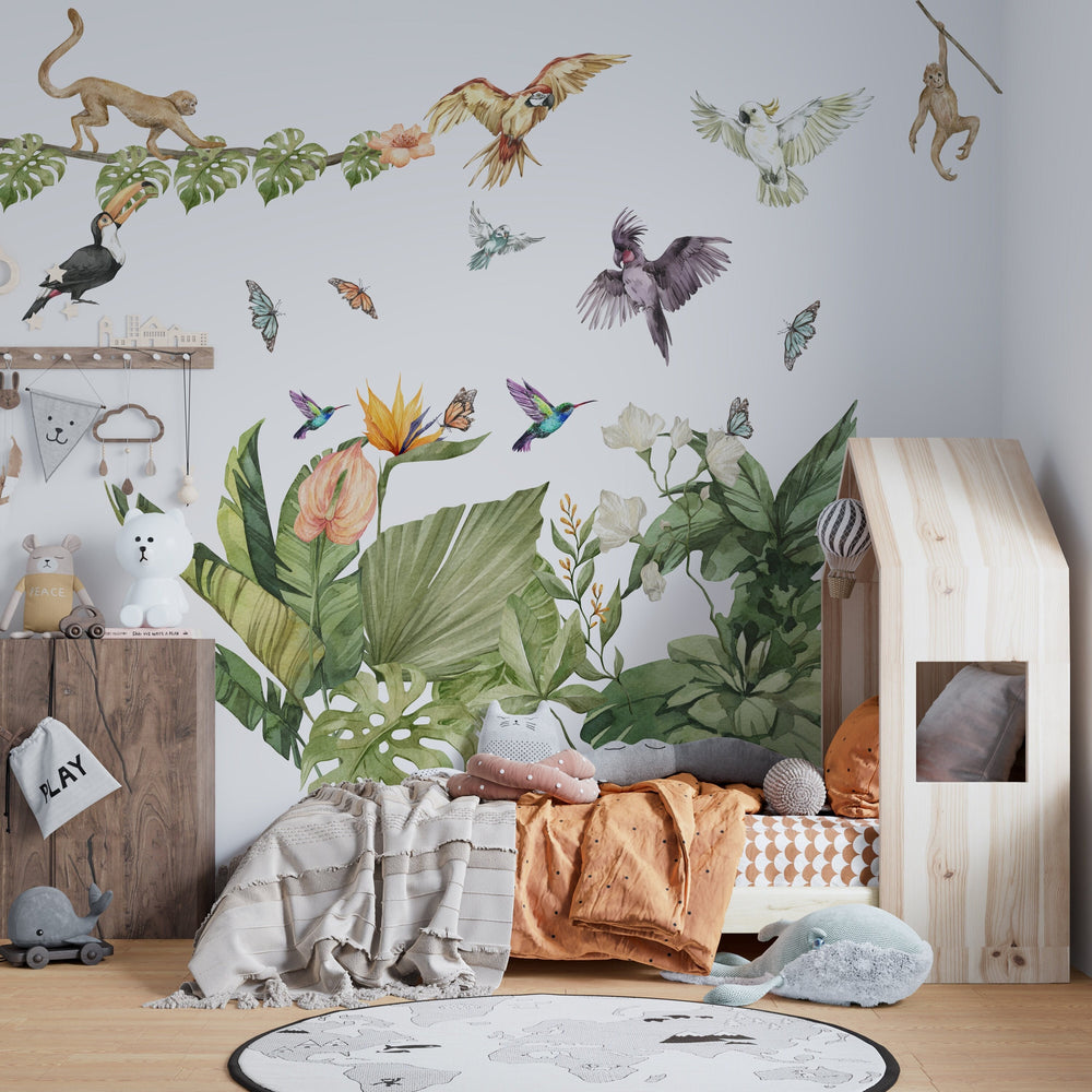 Exotic jungle wall stickers with parrots, large leaves and monkeys