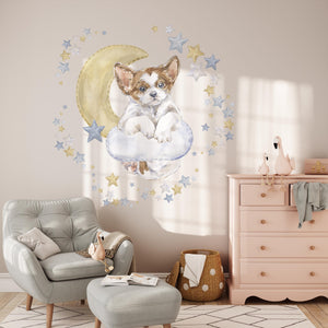 Little puppy on a cloud with a moon and stars