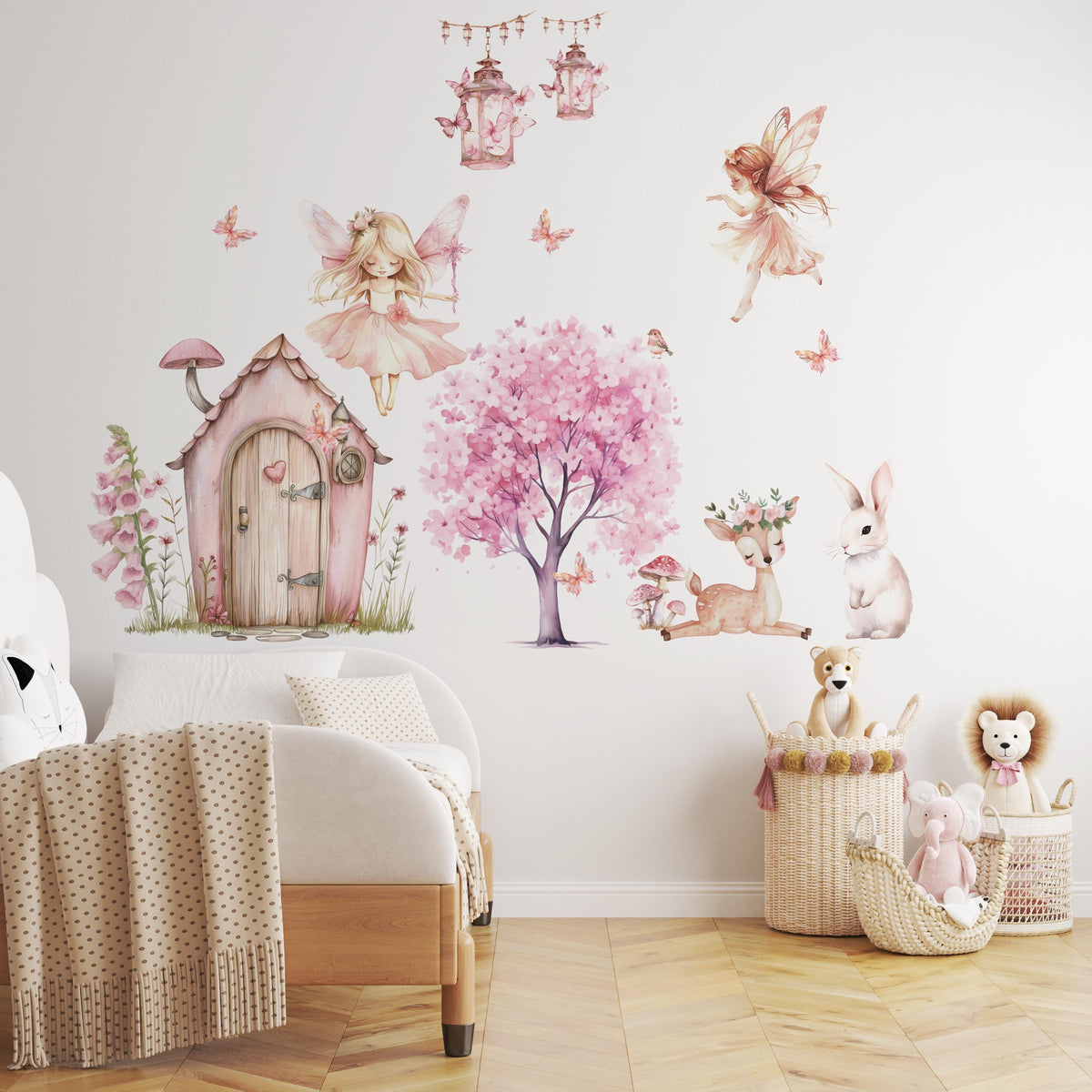 Fairy garden wall decals arranged above a bed