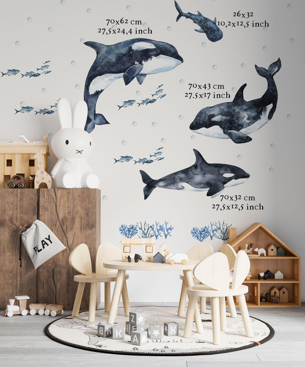 Underwater Adventure with Orcas sea animals wall decals - marine life nursery decor peel and stick by Igibee