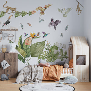 Exotic jungle wall stickers with parrots, large leaves and monkeys
