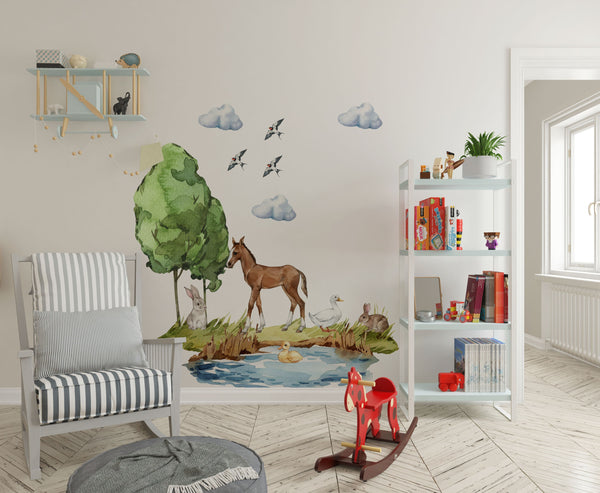 Pony and rabbits at the pond - farm animals walldecals