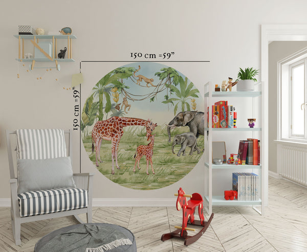 Window to African land with giraffe and elephants with their babies - 3 sizes of wall decal available