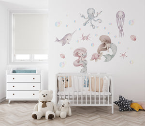 mermaid wall decal, sea wall decal, Nursery wall decal Sea World Watercolour little mermaid, ocean wall decal, Sea World Ocean Wall Decal