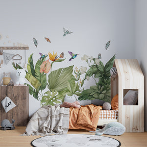 Exotic jungle wall stickers with parrots, large leaves and monkeys