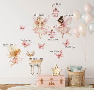 Winged fairies in pastel dresses, deer and pink butterflies wall decals
