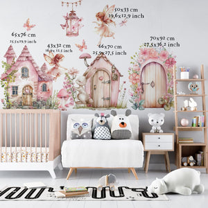 Pastel fairy house and magic door wall decals with two winged elves
